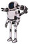Mech containing digital display head and blank-faced expression and light chest exoshielding and prototype exoplate chest and minigun back assembly and ultralight foot exosuit. White halftone toon.