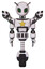 Droid containing grey alien style head and led array eyes and bug antennas and light chest exoshielding and yellow star and minigun back assembly and unicycle wheel. White halftone toon. Front view.