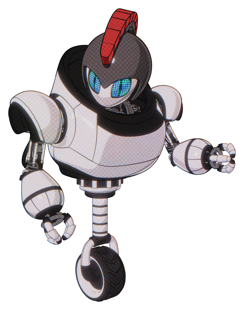 Automaton containing grey alien style head and blue grate eyes and galea roman soldier ornament and gray helmet and heavy upper chest and unicycle wheel. White halftone toon. Fight or defense pose..