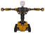 Robot containing humanoid face mask and spiral design and heavy upper chest and no chest plating and six-wheeler base. Worn construction yellow. T-pose.