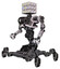 Cyborg containing dual retro camera head and cube array head and heavy upper chest and no chest plating and insect walker legs. White halftone toon. Facing right view.