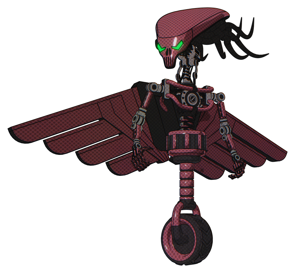 Mech containing flat elongated skull head and cables and light chest exoshielding and pilot's wings assembly and no chest plating and unicycle wheel. Muavewood halftone. Hero pose.