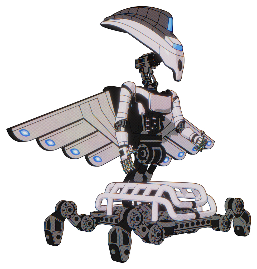 Droid containing flat elongated skull head and visor and light chest exoshielding and ultralight chest exosuit and cherub wings design and insect walker legs. White halftone toon. Facing left view.
