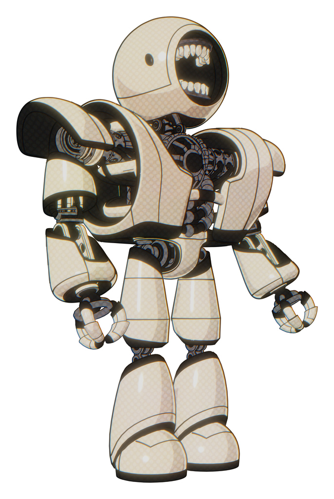 Cyborg containing round head chomper design and heavy upper chest and heavy mech chest and light leg exoshielding. Off white toon. Facing left view.