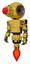 Mech containing round head and red laser crystal array and light chest exoshielding and prototype exoplate chest and jet propulsion. Construction yellow halftone. Standing looking right restful pose.
