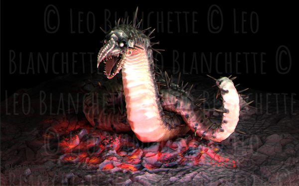 Hell Serpent On Lava, Ripper Wyrm, Wyvern Or Dragon 3D Render. #20894