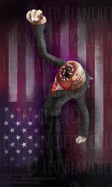 American Leech Shaking A Fist Toward Heaven With American Flag In Background #20877