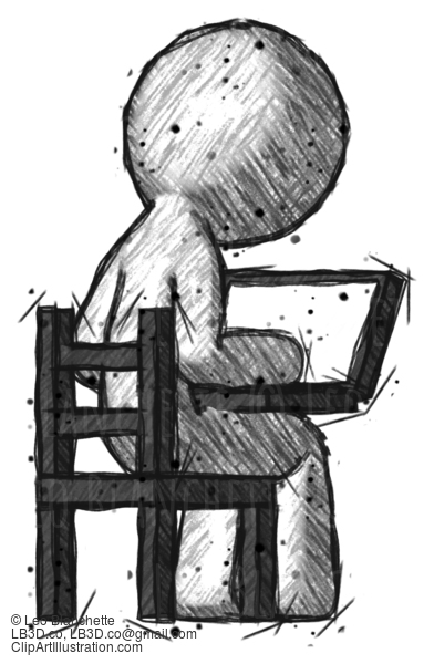 Sketch Design Mascot Man Using Laptop Computer While Sitting In Chair View From Back #373