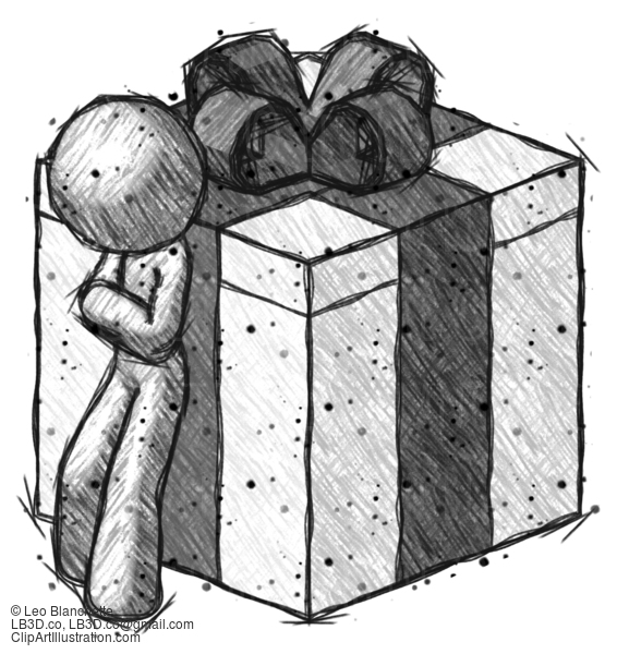 Sketch Design Mascot Man Leaning On Gift With Bow Angle View #374