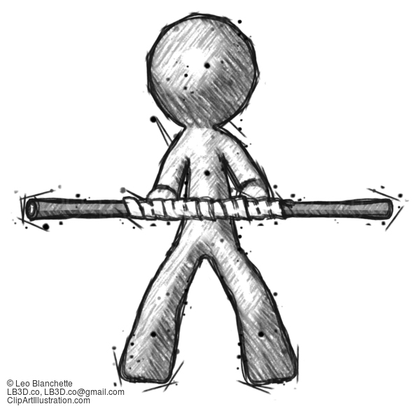 Sketch Design Mascot Man Bo Staff Kung Fu Defense Pose #375