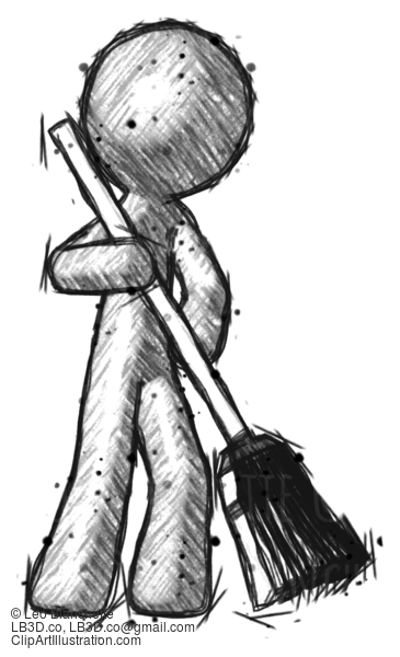 Sketch Design Mascot Man Sweeping Area With Broom #376