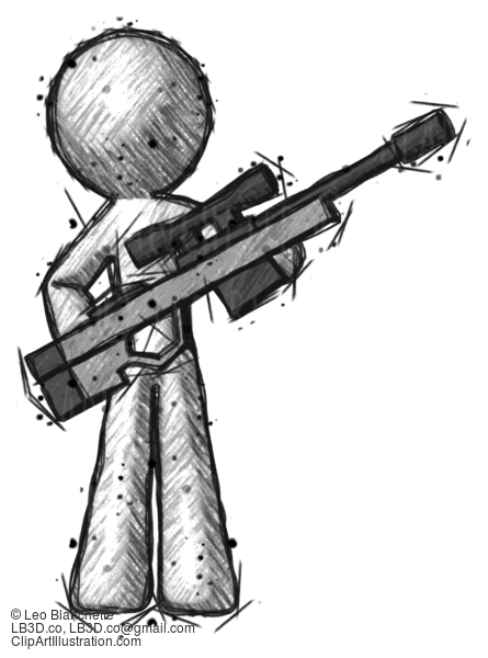 Sketch Design Mascot Man Holding Sniper Rifle Gun #384