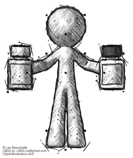 Sketch Design Mascot Man Holding Two Medicine Bottles #392