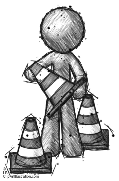 Sketch Design Mascot Man Holding A Traffic Cone #411