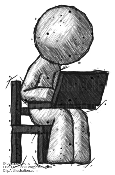 Sketch Design Mascot Man Using Laptop Computer While Sitting In Chair Angled Right #413