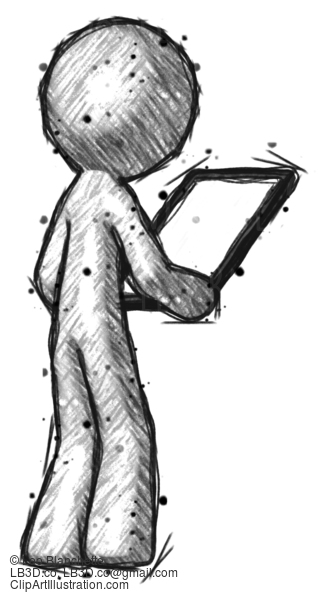 Sketch Design Mascot Man Looking At Tablet Device Computer Facing Away #416