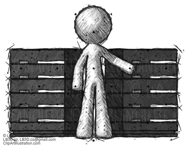 Sketch Design Mascot Man With Server Racks, In Front Of Two Networked Systems #419