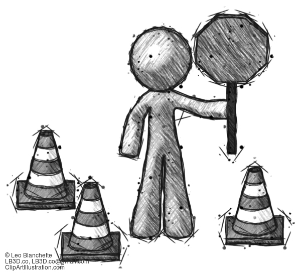 Sketch Design Mascot Man Holding Stop Sign By Traffic Cones Under Construction Concept #420