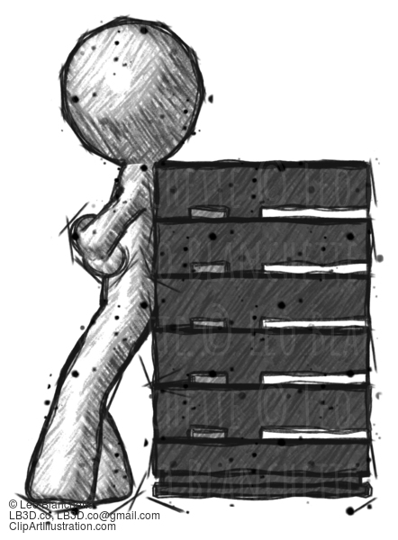 Sketch Design Mascot Man Resting Against Server Rack #428