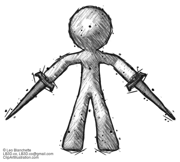 Sketch Design Mascot Man Two Sword Defense Pose #441