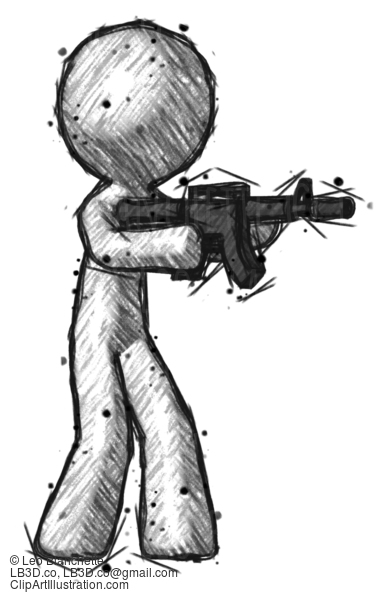 Sketch Design Mascot Man Shooting Automatic Assault Weapon #452