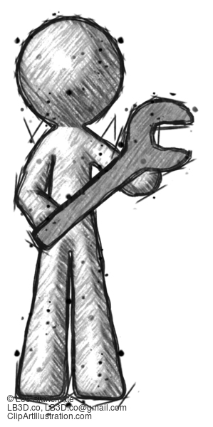 Sketch Design Mascot Man Holding Large Wrench With Both Hands #457