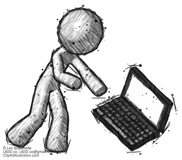 Sketch Design Mascot Man Throwing Laptop Computer In Frustration #459