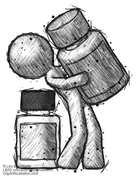 Sketch Design Mascot Man Holding Large White Medicine Bottle With Bottle In Background #462