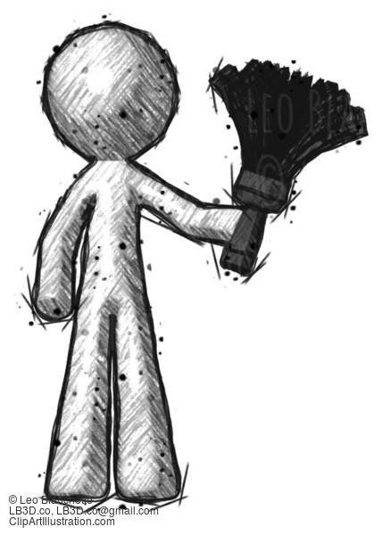 Sketch Design Mascot Man Holding Feather Duster Facing Forward #466