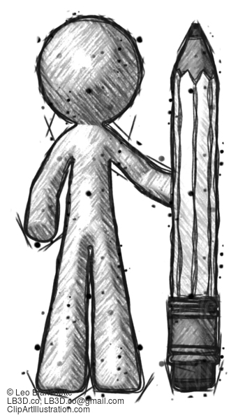 Sketch Design Mascot Man With Large Pencil Standing Ready To Write #475