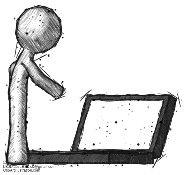 Sketch Design Mascot Man Using Large Laptop Computer Side Orthographic View #517