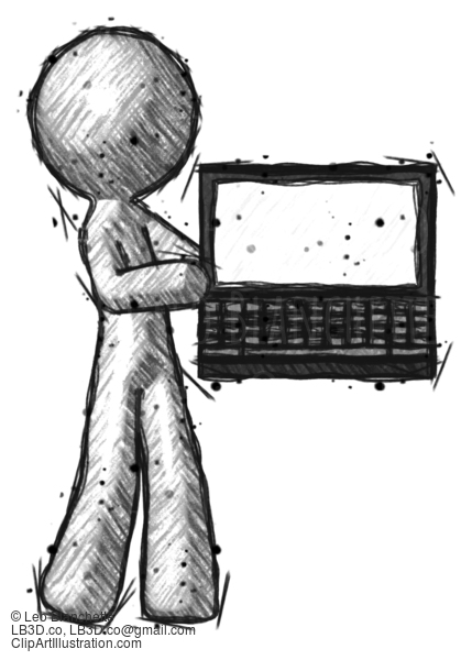 Sketch Design Mascot Man Holding Laptop Computer Presenting Something On Screen #527