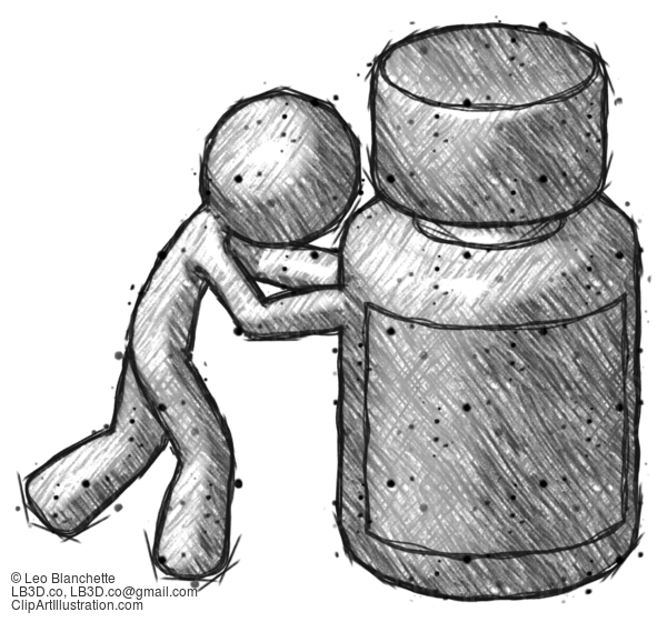 Sketch Design Mascot Man Pushing Large Medicine Bottle #549