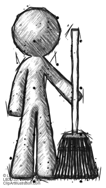 Sketch Design Mascot Man Standing With Broom Cleaning Services #551