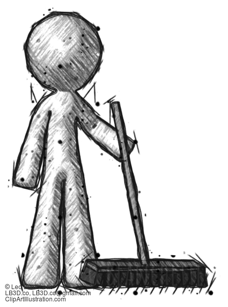 Sketch Design Mascot Man Standing With Industrial Broom #552