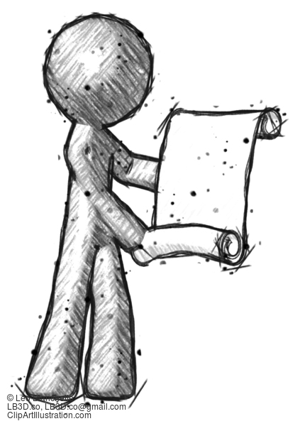 Sketch Design Mascot Man Holding Blueprints Or Scroll #558