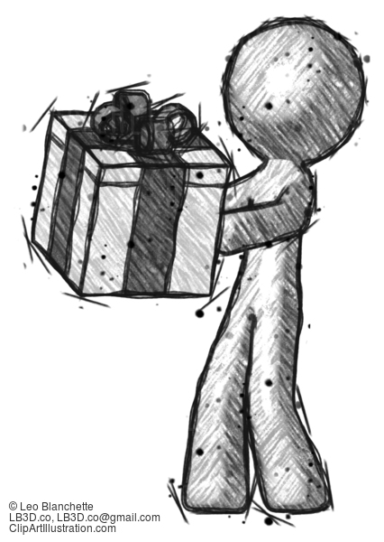 Sketch Design Mascot Man Presenting A Present With Large Bow On It #560