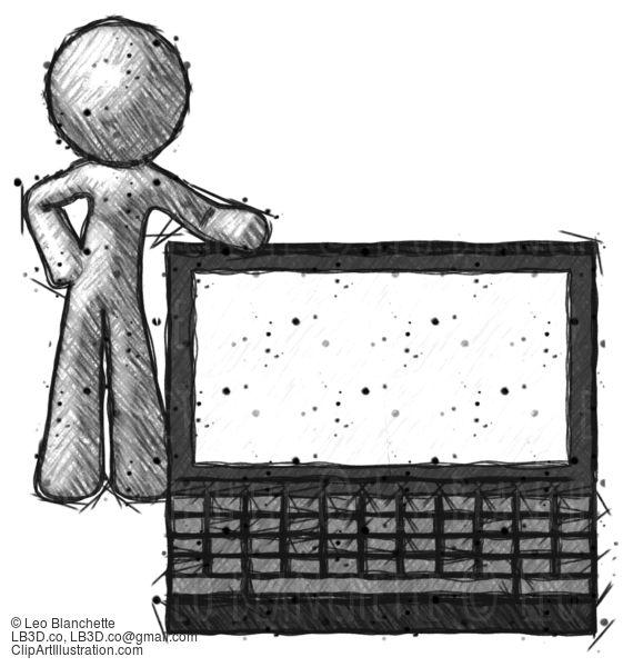 Sketch Design Mascot Man Beside Large Laptop Computer, Leaning Against It #578