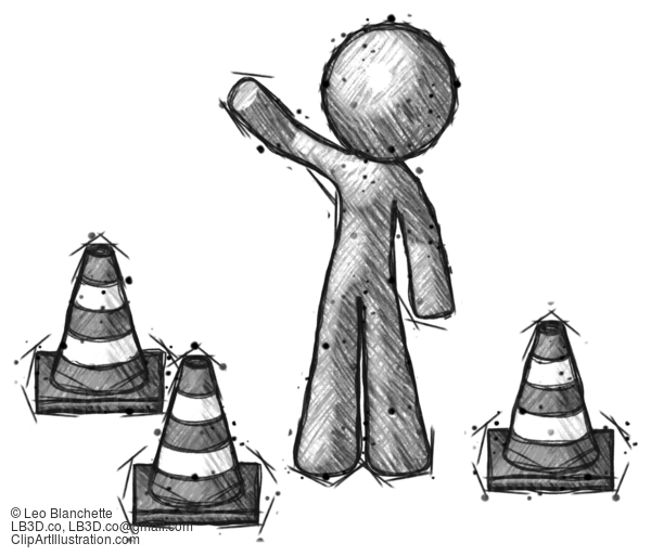 Sketch Design Mascot Man Standing By Traffic Cones Waving #583