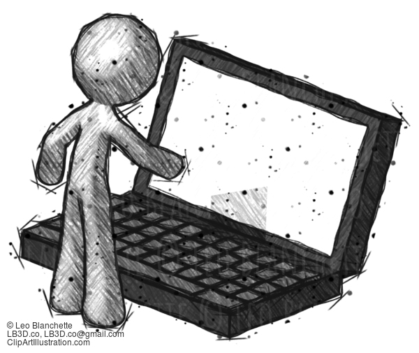 Sketch Design Mascot Man Using Large Laptop Computer #595