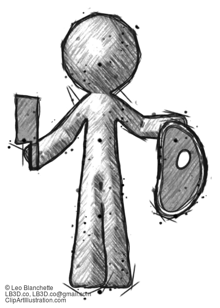 Sketch Design Mascot Man Holding Large Steak With Butcher Knife #601