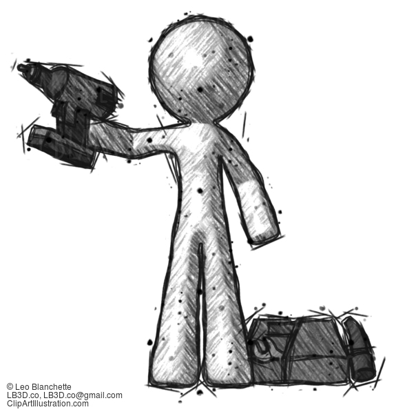 Sketch Design Mascot Man Holding Drill Ready To Work, Toolchest And Tools To Right #606