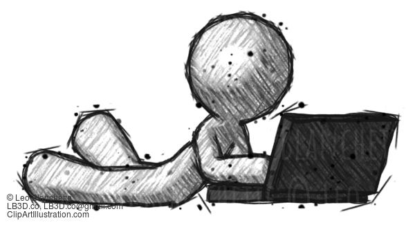 Sketch Design Mascot Man Using Laptop Computer While Lying On Floor Side Angled View #621