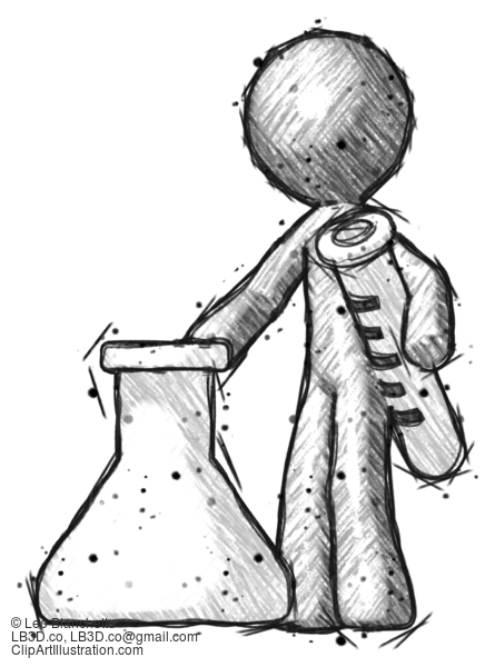 Sketch Design Mascot Man Holding Test Tube Beside Beaker Or Flask #643