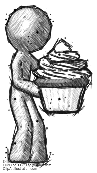 Sketch Design Mascot Man Holding Large Cupcake Ready To Eat Or Serve #653