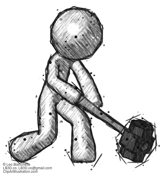 Sketch Design Mascot Man Hitting With Sledgehammer, Or Smashing Something At Angle #669