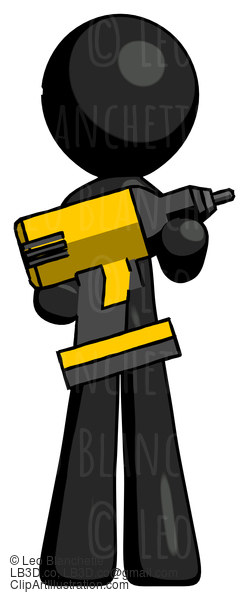 Black Design Mascot Man Holding Large Drill #10432
