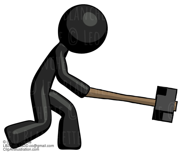 Black Design Mascot Man Hitting With Sledgehammer, Or Smashing Something #10437