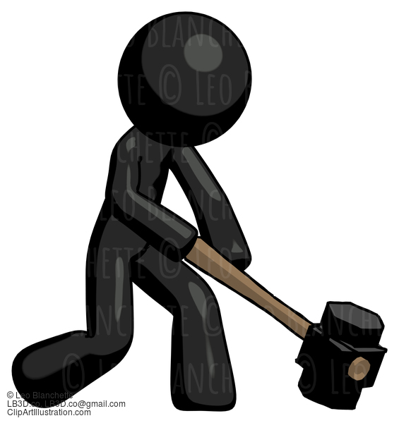 Black Design Mascot Man Hitting With Sledgehammer, Or Smashing Something At Angle #10441