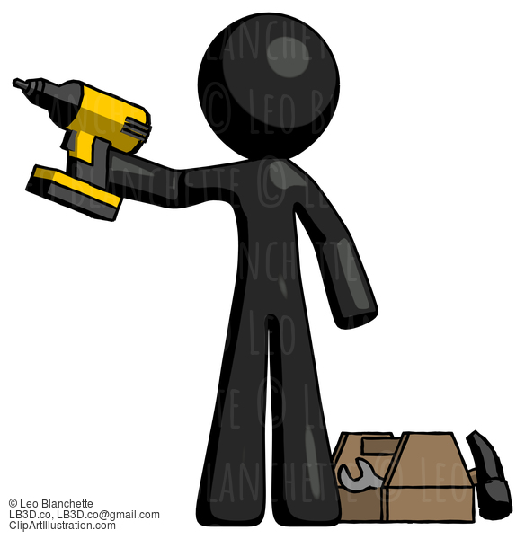 Black Design Mascot Man Holding Drill Ready To Work, Toolchest And Tools To Right #10444